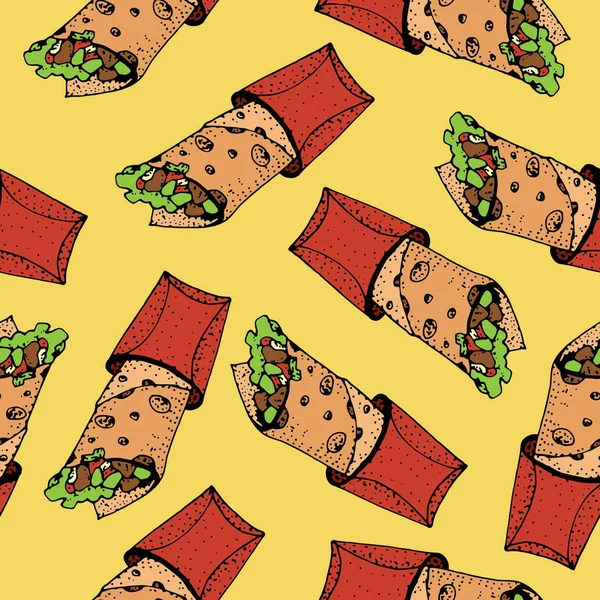 Hünkar seamless modeli. Rulo, tavuk rulo, lokanta, kebap, shawarma. Karikatür tarzı. Çizilmiş vektör çizim el.
