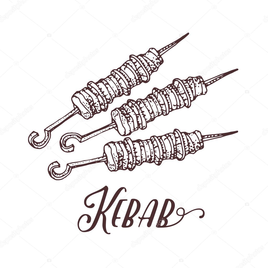 Hand drawn vector illustration of kebab on skewers. Meat on the grill. Cartoon style kebab on a white background. Meat food. Traditional meat dish on fire. 
