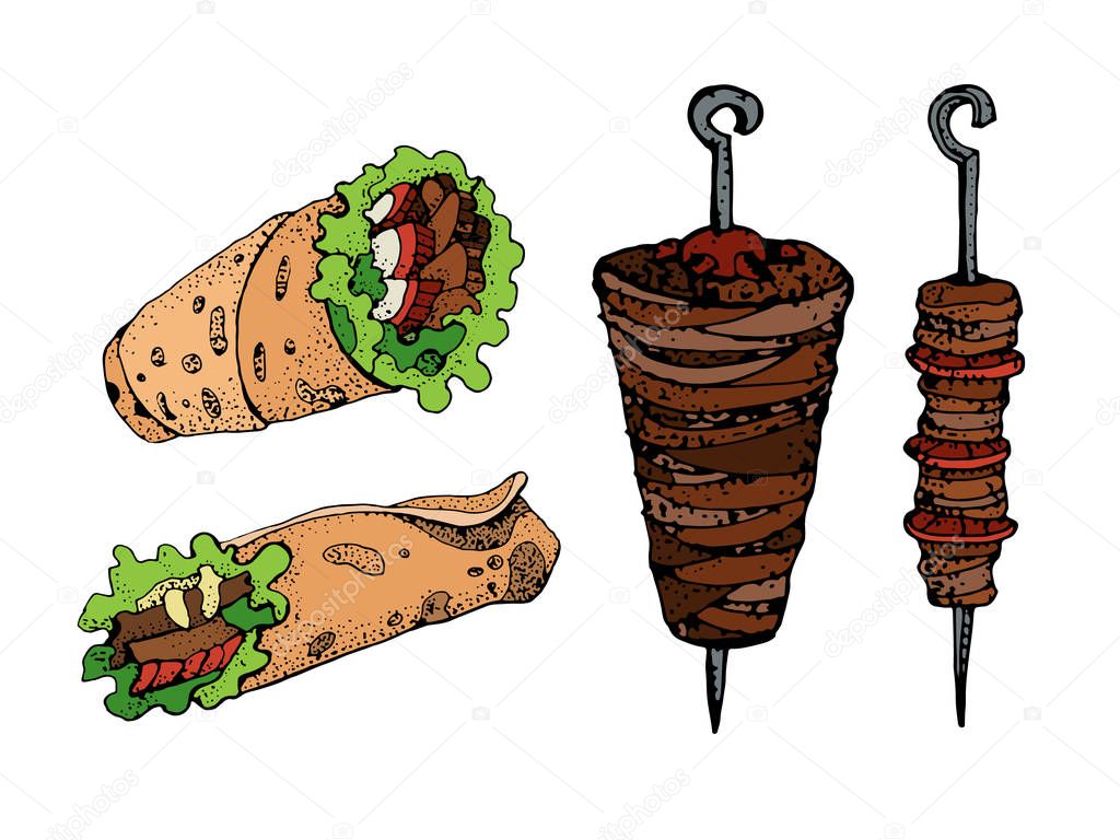  Hand drawn vector illustration of doner kebab. Roll, chicken roll, fast food, kebab, shawarma. Cartoon style.