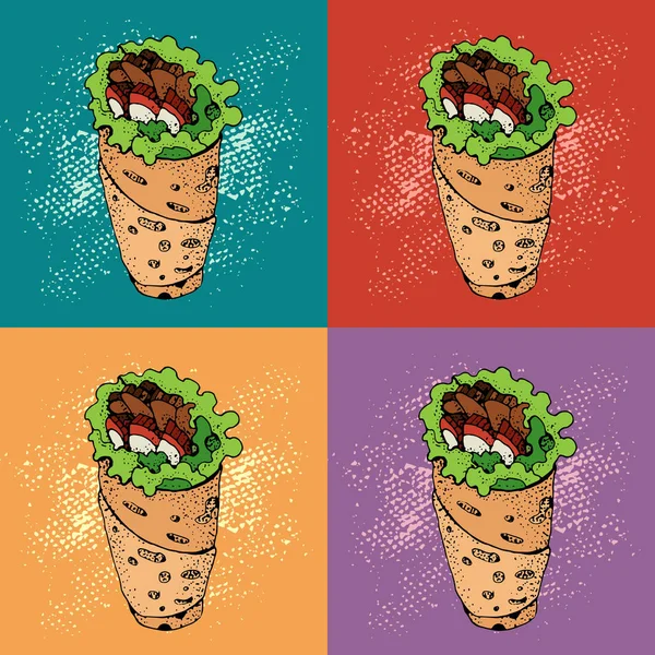 Pop art Hünkar seamless modeli. Rulo, tavuk rulo, lokanta, kebap, shawarma. Karikatür tarzı. Çizilmiş vektör çizim el.