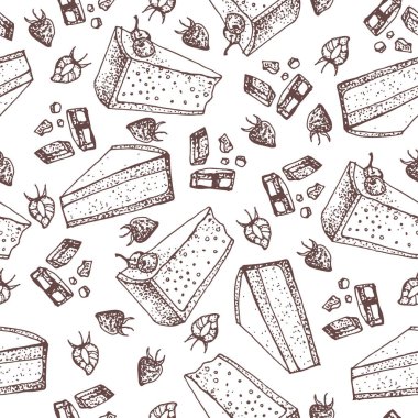 Vektör pasta kek, turta, tart, peynirli kek çikolata ve çilek tepesi ile seamless modeli. Elle çizilmiş tatlı Pastane yarım yamalak tarzı. Elle çizilmiş doodle tatlı. 