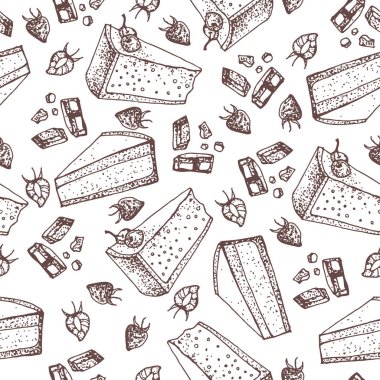 Vector pastry seamless pattern with cakes, pies, tarts,cheesecake with chocolate and strawberry topping. Hand drawn sweet bakery products in sketchy style. Hand drawn doodle dessert.  clipart