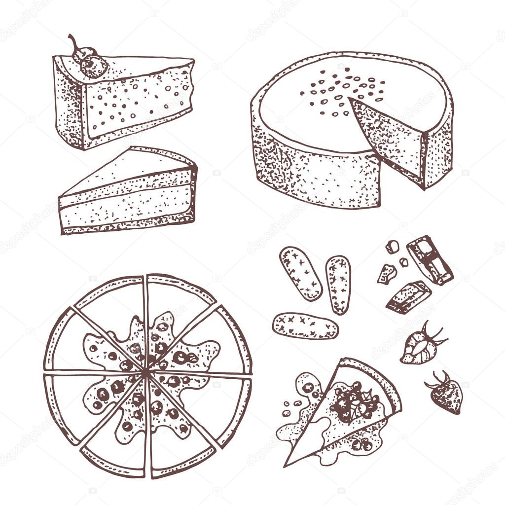 Set with sweet and dessert:  cakes, pies, tarts,cheesecake, cookies, chocolate and strawberry . Design elements in sketch style. Hand drawn doodle sweet bakery products.  Isolated on a white background.