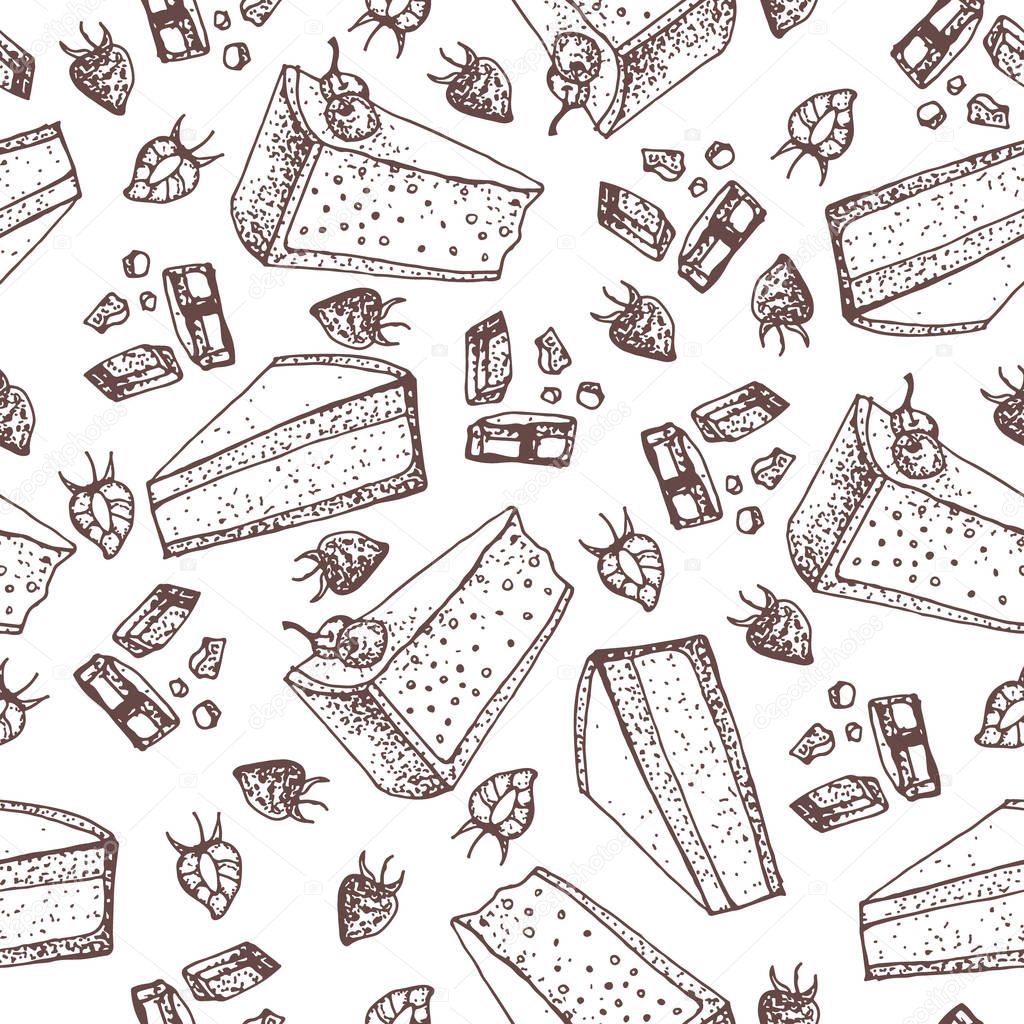 Vector pastry seamless pattern with cakes, pies, tarts,cheesecake with chocolate and strawberry topping. Hand drawn sweet bakery products in sketchy style. Hand drawn doodle dessert. 