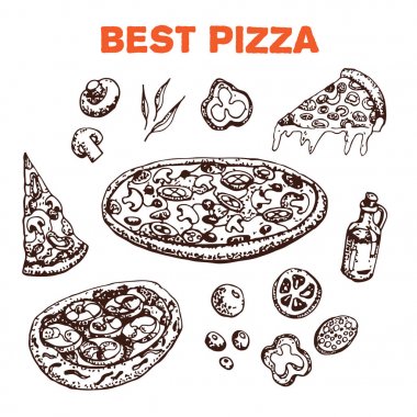 Doodle Pizza kümesi. Taze malzemelerle sosis ve domates. Yeşiller ve zeytin. Champignones ve zeytin yağı. Geleneksel İtalyan yemekleri. El vektör çizim çekilmiş. Restoran, ambalaj, menü tasarımı, kumaş dokusu için tanımlamak.
