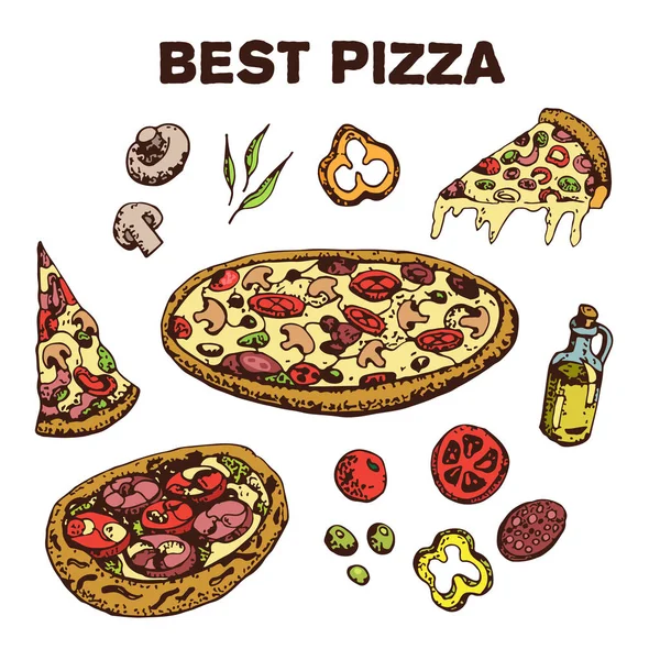 Ensemble Pizza Dessin Animé Ingrédients Frais Saucisse Tomates Verts Olives — Image vectorielle