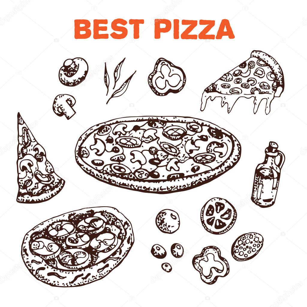 Set of Doodle Pizza. Fresh ingredients sausage and tomatoes. Greens and olives. Champignones and olive oil. Traditional Italian food.  Hand drawn vector illustration. For identify the restaurant, packaging, menu design, fabric texture.
