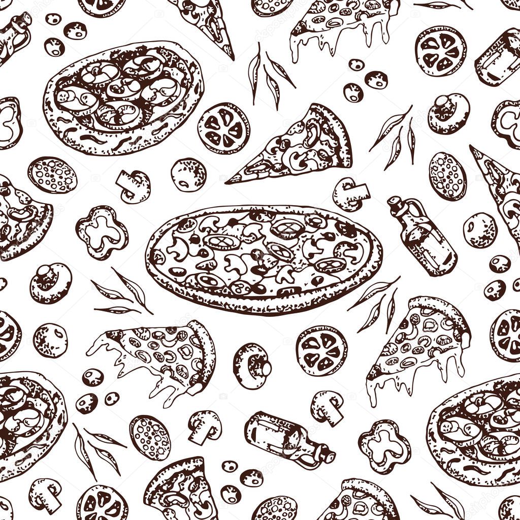 Doodle Pizza seamless pattern. Fresh ingredients sausage and tomatoes. Greens and olives. Champignones and olive oil. Traditional Italian food.  Endless hand drawn illustration. For restaurant identity, packaging, menu design,texture of fabric.
