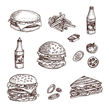 Vektör fast food çizilmiş seti ver. Beyaz izole. Hamburger, çizburger, kızarmış patates, botle sause, domates ve soğan. Bir Restoran, bir menü, bir sokak mutfak, fırın, bir kafe, bir el ilanı için