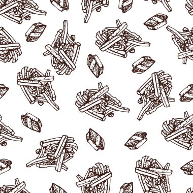 Patates kızartması ve sos Dikişsiz desen vektör el çekilmiş. El lokanta dizi çekilmiş. Beyaz izole. Restoran, menü, sokak gıda, Pastane, kafeterya, el ilanı için. Amerikan Mutfagi.