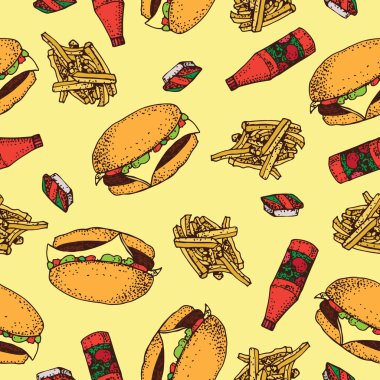 Hamburger, patates kızartması ve domates sosu Dikişsiz desen vektör el çekilmiş. Fast food çizgi film seti. Restoran, menü, sokak gıda, Pastane, kafeterya, el ilanı için