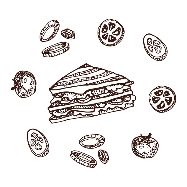 ベクトル手下ろしイラスト サンドイッチと Ingridients キュウリ トマトと玉ねぎ ファーストフードのセットを落書き 白で隔離 レストラン メニューのストリート食品 ベーカリー — ストックベクタ