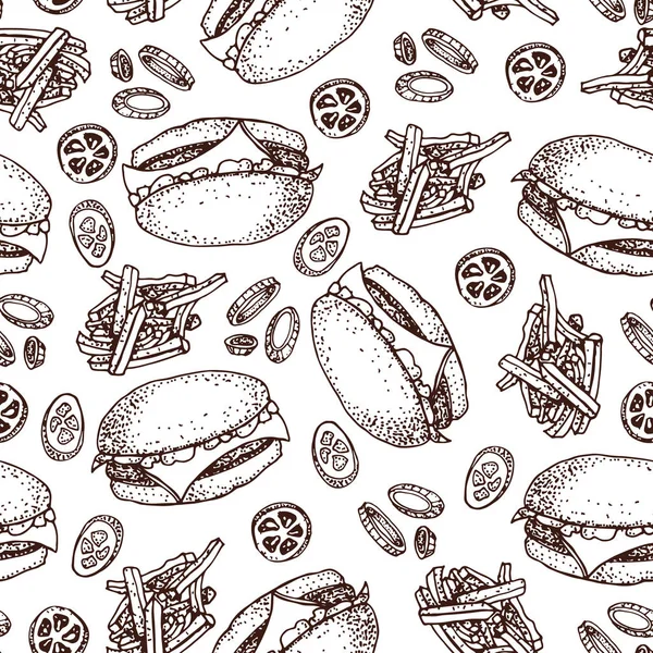 Vektör el Burger, patates kızartması, domates ve soğan ile seamless modeli çekilmiş. El lokanta dizi çekilmiş. Beyaz izole. Restoran, menü, sokak gıda, Pastane, kafeterya, el ilanı için