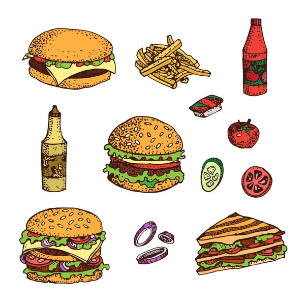 Vector Hand Drawn Set Fast Food Isolated White Hamburger Cheeseburger — Stock Vector