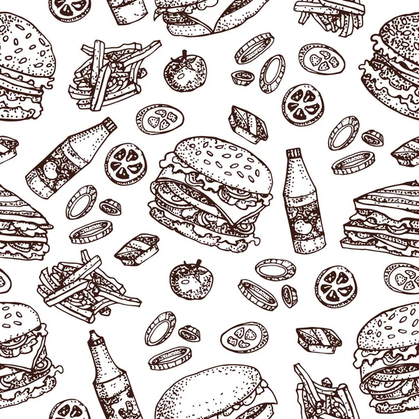 Vektör el Burger, patates kızartması, sandviç, domates ve soğan ile seamless modeli çekilmiş. El lokanta dizi çekilmiş. Beyaz izole. Restoran, menü, sokak gıda, Pastane, kafeterya, el ilanı için