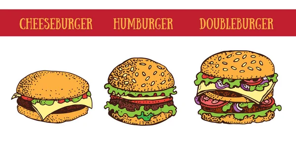 손으로 햄버거의 일러스트 햄버거 Doubleburger입니다 백색에 있습니다 스타일입니다 레스토랑 전단에 — 스톡 벡터