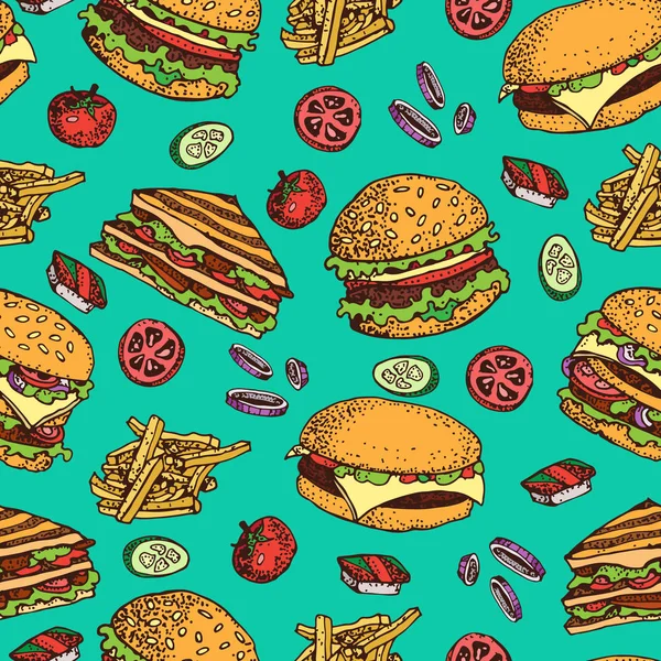 Vektör el Burger, patates kızartması, sandviç, domates ve soğan ile seamless modeli çekilmiş. Fast food çizgi film seti. Beyaz izole. Restoran, menü, sokak gıda, Pastane, kafeterya, el ilanı için