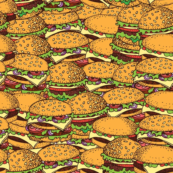 Vector Hand Drawn Seamless Pattern Burgers Cartoon Set Fast Food — Stock Vector