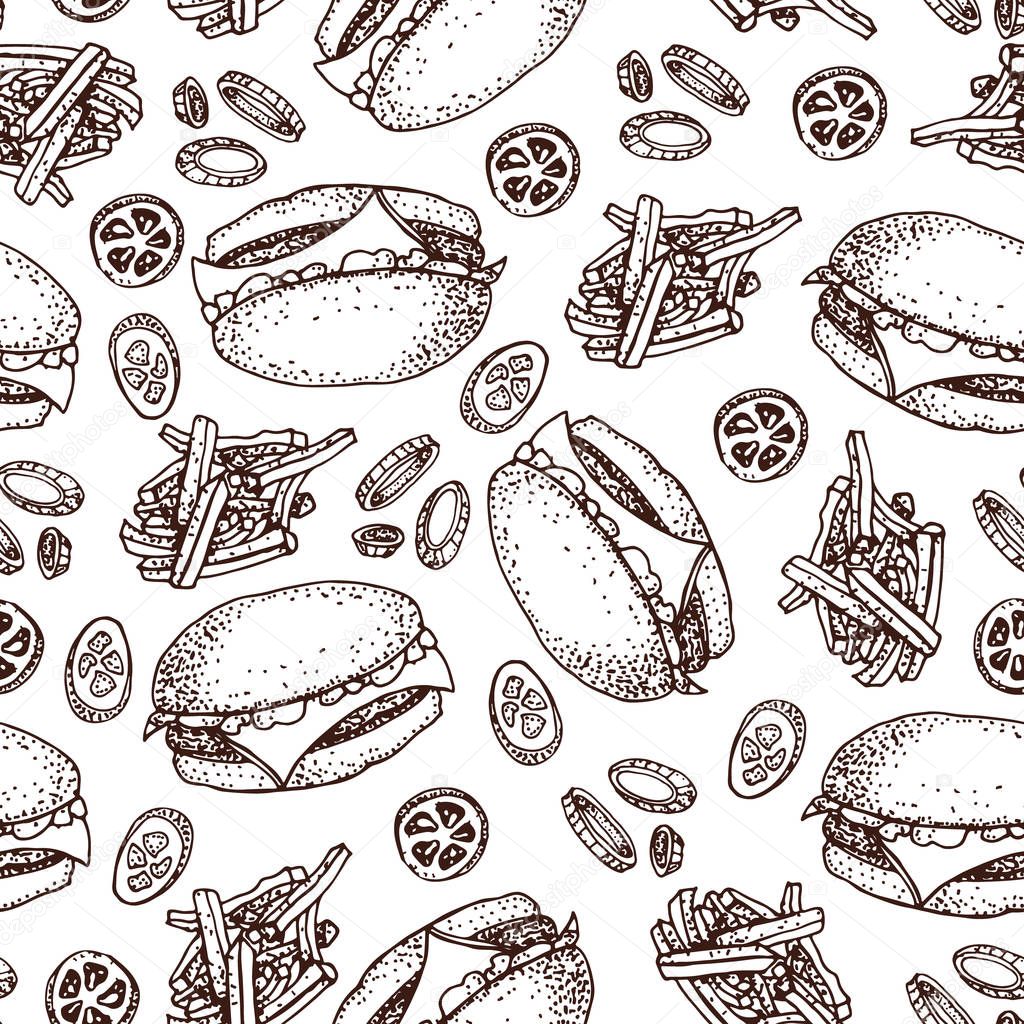 Vector hand drawn seamless pattern of burgers, french fries, tomato and onion. Hand drawn set of fast food.  Isolated on white. For restaurant, menu, street food, bakery, cafe, flyer