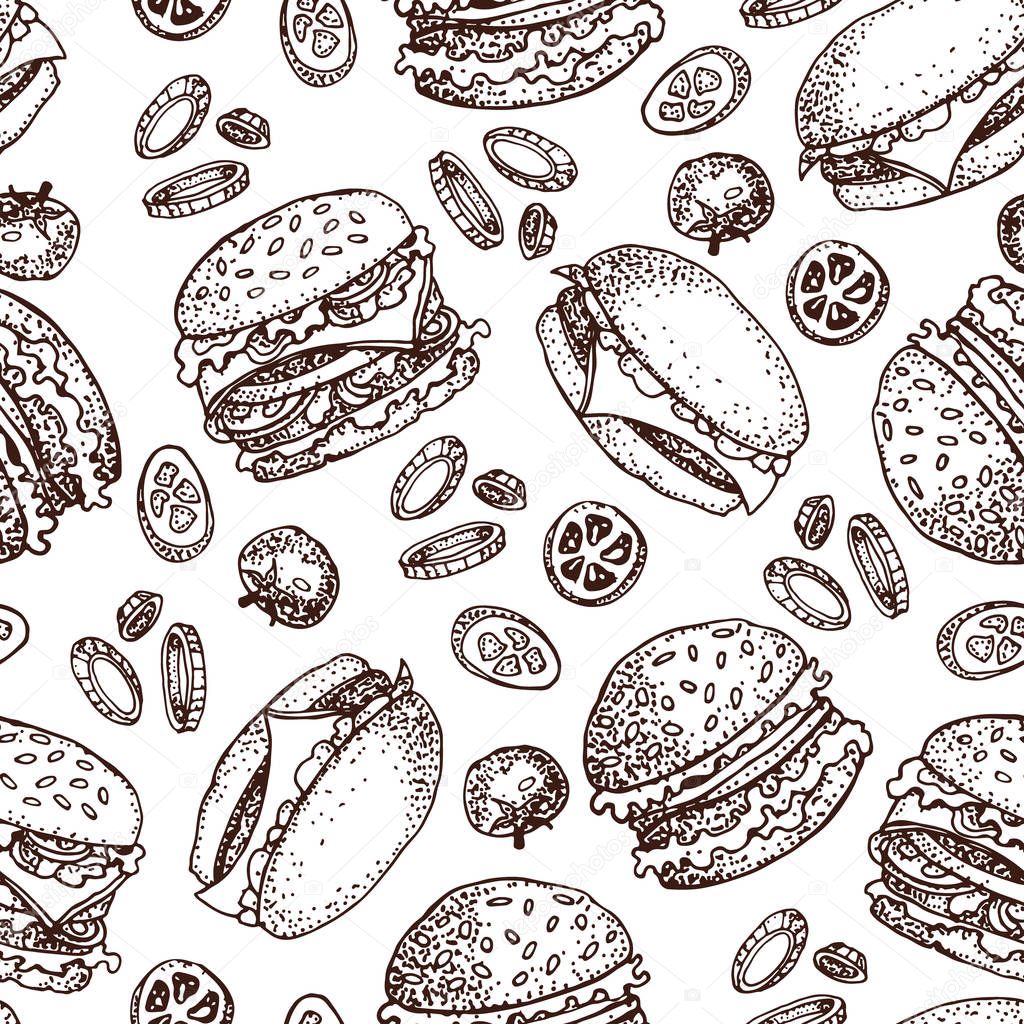 Vector hand drawn seamless pattern of burgers, tomato and onion. Hand drawn set of fast food.  Isolated on white. For restaurant, menu, street food, bakery, cafe, flyer