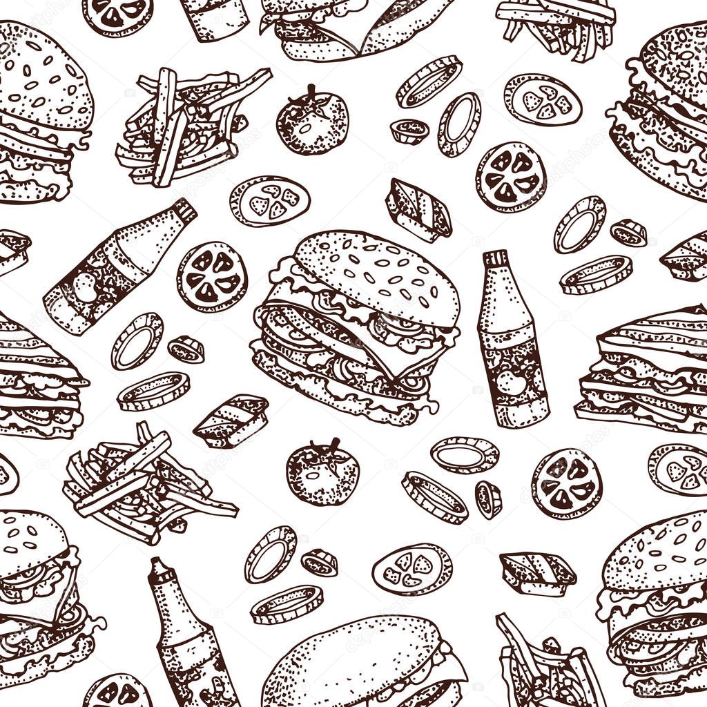 Vector hand drawn seamless pattern of burgers, french fries, sandwich, tomato and onion. Hand drawn set of fast food.  Isolated on white. For restaurant, menu, street food, bakery, cafe, flyer
