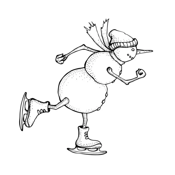 Roliga snögubbsskridskor. Söt vintersemester ikon. Blackline bläck person i hatt och stickad halsduk. Vektor handritade klotter illustration isolerad på vit bakgrund. God jul och gott nytt år. Vektorgrafik