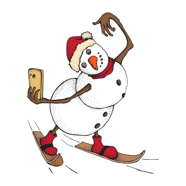 Simpatico pupazzo di neve sciare. Bella vacanza invernale. Il personaggio con uno smartphone si fa un selfie. Illustrazione scarabocchiata disegnata a mano isolata su sfondo bianco. Buon Natale e felice anno nuovo Vettoriali Stock Royalty Free
