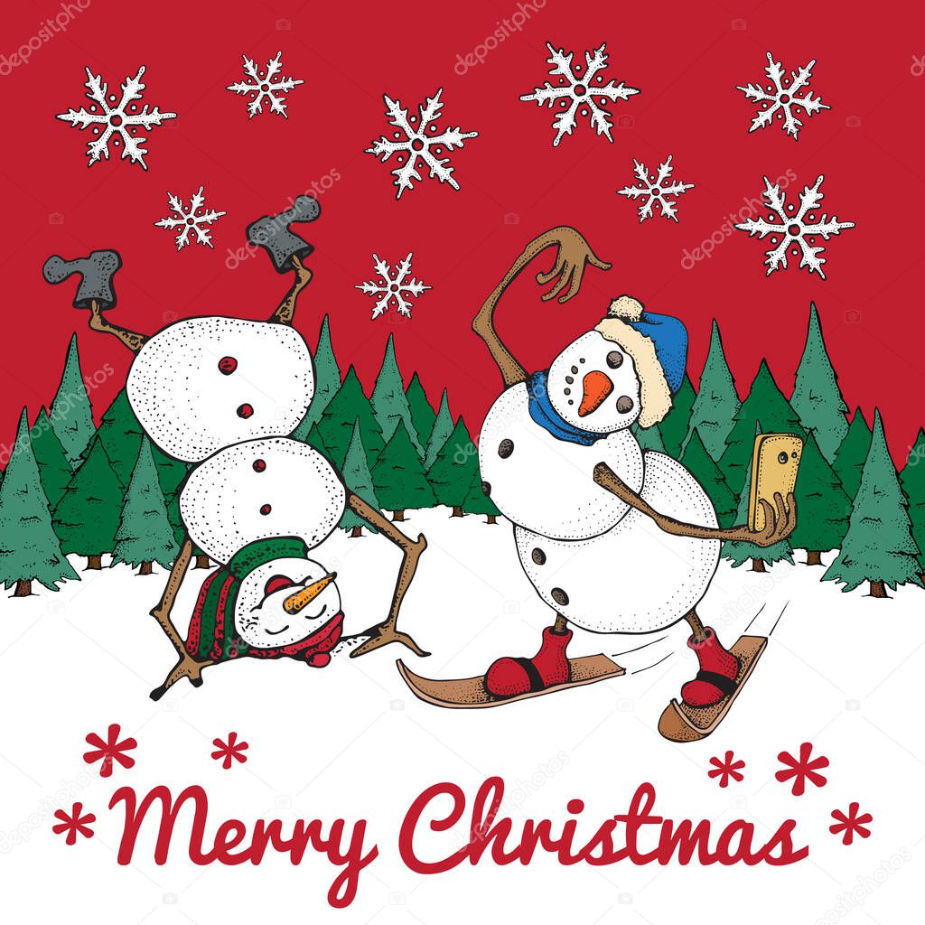 Funny Snowman skiing and Snowman upside down. The character with a smartphone takes a selfie. Merry Christmas and New Year card invitation banner template. Pine forest and snowflakes