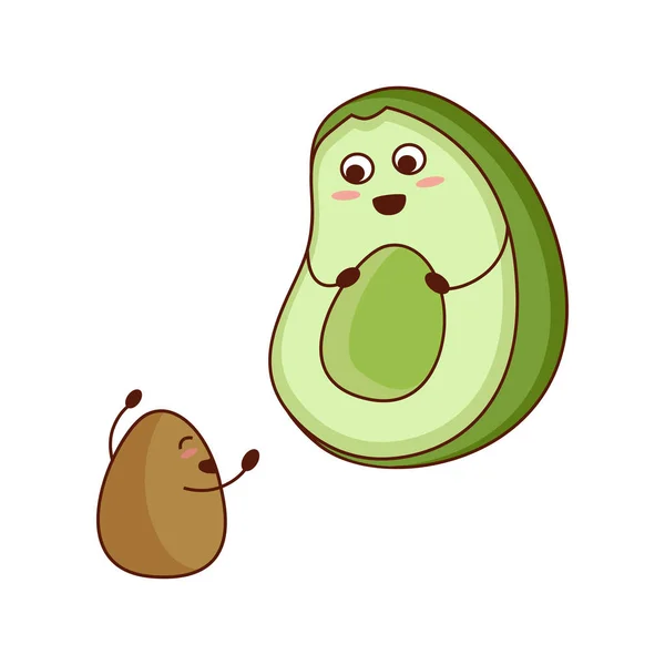 Carino cartone animato avocado famiglia, madre e bambino personaggi. Genitori giovani, bambino piccolo, famiglia felice. Facce buffe disegno carattere. Illustrazione del vettore isolato . Illustrazioni Stock Royalty Free