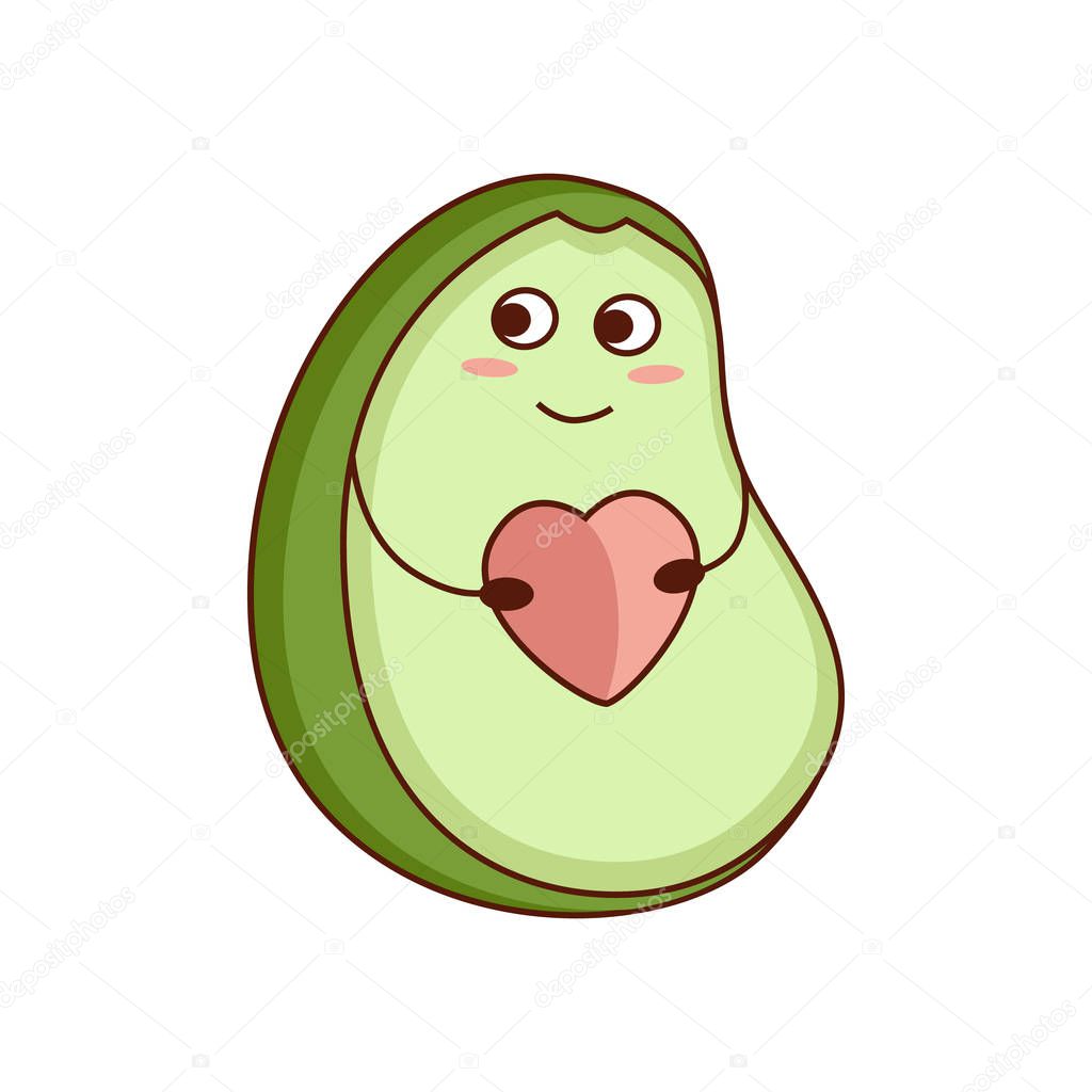 Cute cartoon avocado in love. Avocado half with heart, St. Valentines day greeting card. Isolated vector illustration.