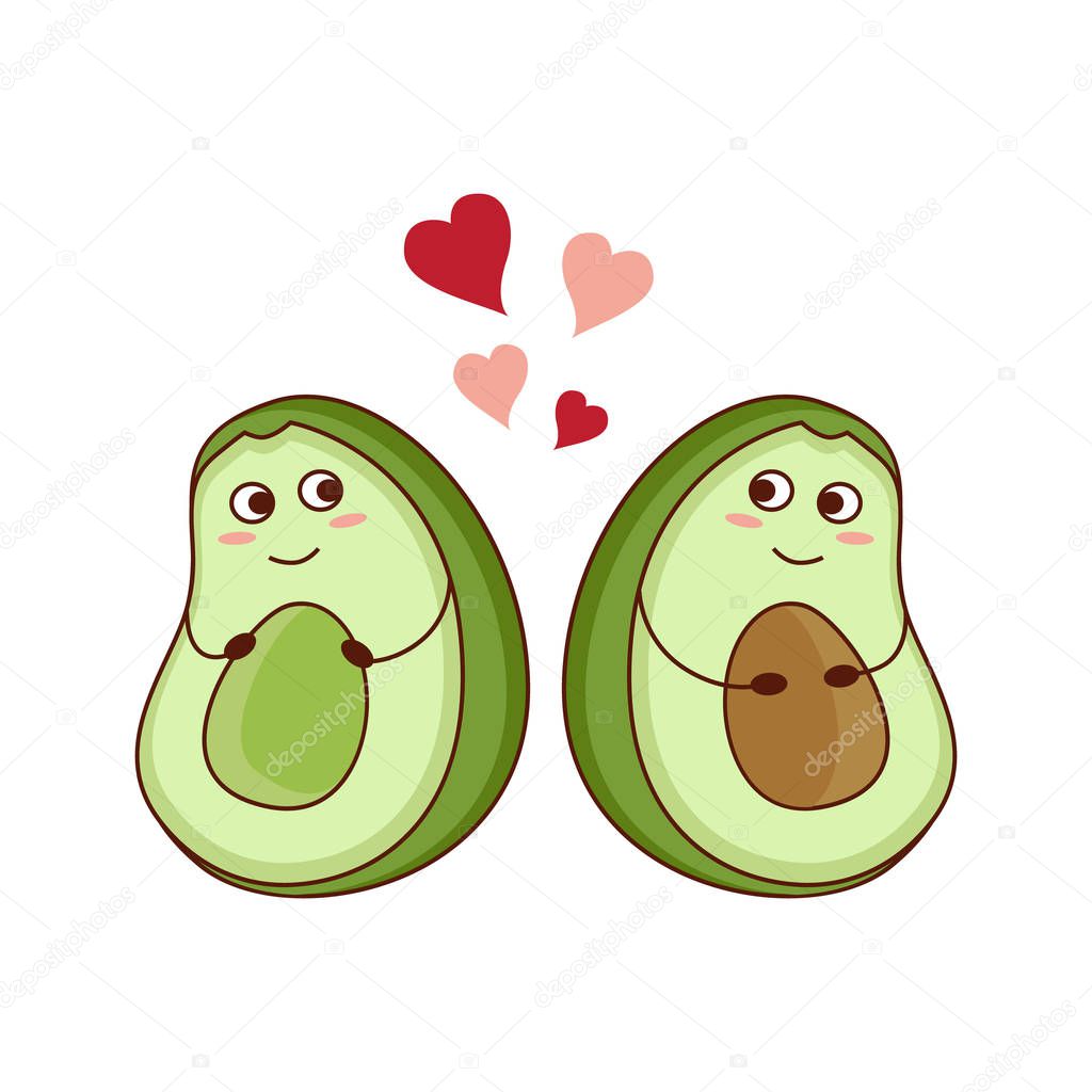 Cute cartoon avocado couple in love. Two avocado halves with heart, St. Valentines day greeting card. Isolated vector illustration.