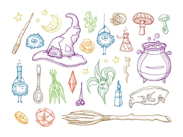 Ensemble d'outils magiciens et alchimiques : crâne, cristal, racines, potion, plume, champignons, chapeau. Collection Halloween d'outils de sorcellerie. Illustration vectorielle dessinée main. Isolé sur blanc . Illustrations De Stock Libres De Droits