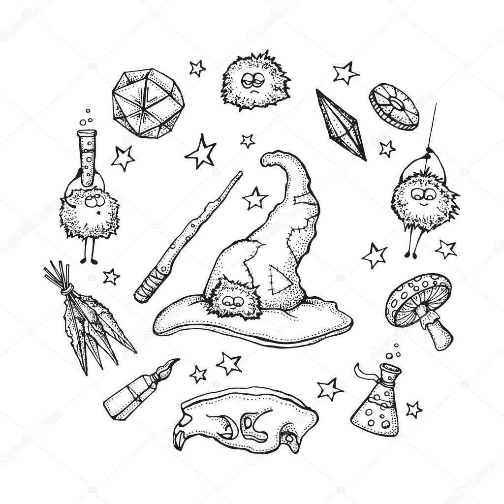 Set of Magician and alchemy tools: skull, crystal, roots, potion, feather, mushrooms, hat. Halloween collection of witchcraft tools. Hand drawn vector illustration. Isolated on white.