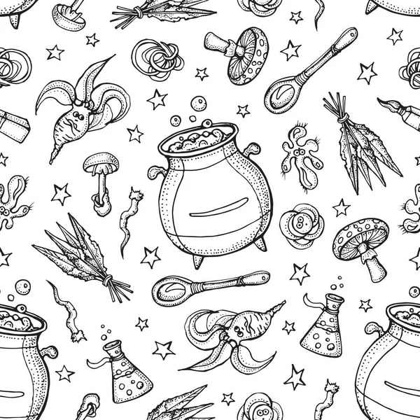 Modello senza cuciture di mago e alchimia strumenti: mandrake, cristallo, radici, pozione, piuma, funghi, cucchiaio. Collezione Halloween di strumenti di stregoneria. Illustrazione vettoriale Doodle isolata su bianco Vettoriali Stock Royalty Free