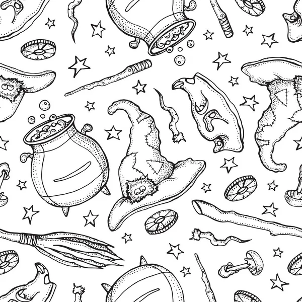 Sömlöst mönster av trollkarl och alkemi verktyg: skalle, kristall, rötter, dryck, fjäder, svamp, hatt. Halloween samling av häxkonster verktyg. Handritad vektor illustration på vit bakgrund Stockvektor