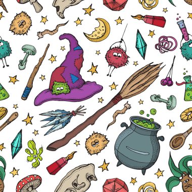 Sihirbazın kusursuz deseni ve simya aletleri: kafatası, kristal, kök, iksir, tüy, mantar, şapka. Cadılar Bayramı büyü aletleri koleksiyonu. Mor arkaplanda elle çizilmiş vektör çizimi