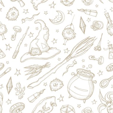 Sihirbazın kusursuz deseni ve simya aletleri: kafatası, kristal, kök, iksir, tüy, mantar, şapka. Cadılar Bayramı büyü aletleri koleksiyonu. Mor arkaplanda elle çizilmiş vektör çizimi