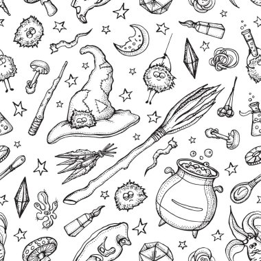 Sihirbazın kusursuz deseni ve simya aletleri: kafatası, kristal, kök, iksir, tüy, mantar, şapka. Cadılar Bayramı büyü aletleri koleksiyonu. Mor arkaplanda elle çizilmiş vektör çizimi