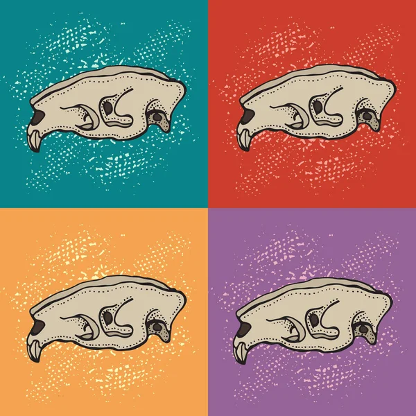 Schedels van dierlijke vector illustratie. Doodle zoogdier skelet. Handgetekend patroon op een kleurrijke achtergrond. — Stockvector