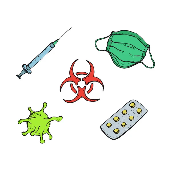 Vektor illustration av Coronavirus, röd stoppskylt, mask, Injektion, och piller på vit bakgrund. Utbrott av pandemier och coronavirus. andas medicinsk andningsmask för att bekämpa viruset. Royaltyfria Stockvektorer