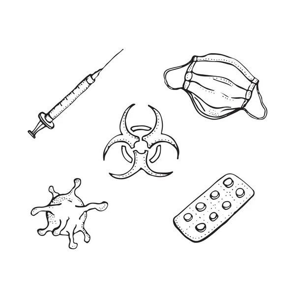 Vektor illustration av Coronavirus, röd stoppskylt, mask, Injektion, och piller på vit bakgrund. Utbrott av pandemier och coronavirus. andas medicinsk andningsmask för att bekämpa viruset. Vektorgrafik