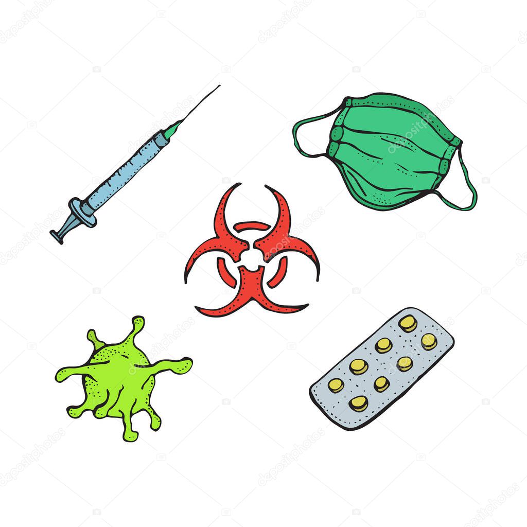 Vector illustration of Coronavirus, red stop sign, mask, Injection, and pills on white background. Pandemic and coronavirus outbreaks. breathing medical respiratory mask to fight against the virus.