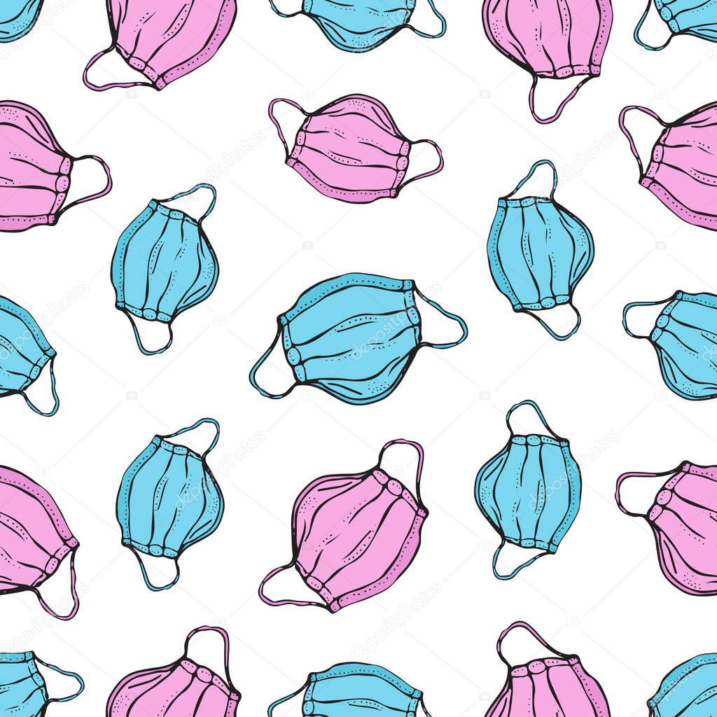 Seamless pattern of blue and pink breathing medical respiratory mask to fight against the virus on a white background. Pandemic and coronavirus outbreaks. Hand drawn doodle illustration.