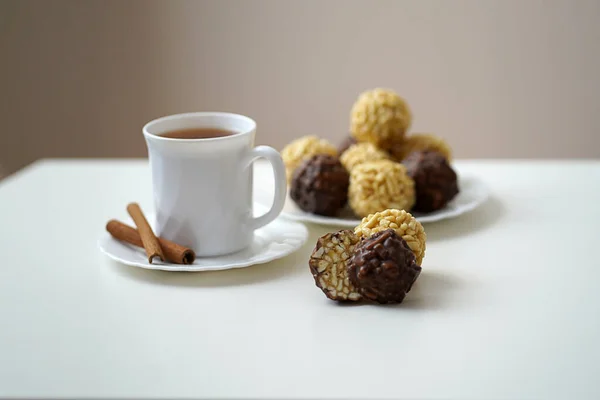 Cup Tea Cinnamon Plate White Table Sweet Dessert Plate Shape — Stock Photo, Image