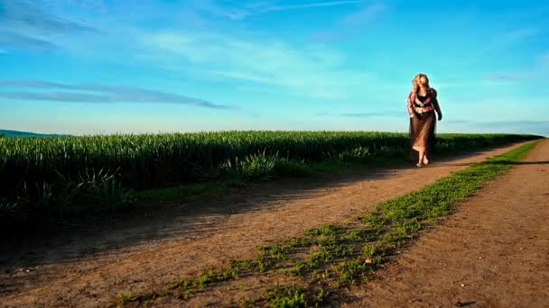 Elegante Mujer Noble Rubia Asustada Corriendo Escapando Camino Polvoriento Campo — Vídeo de stock