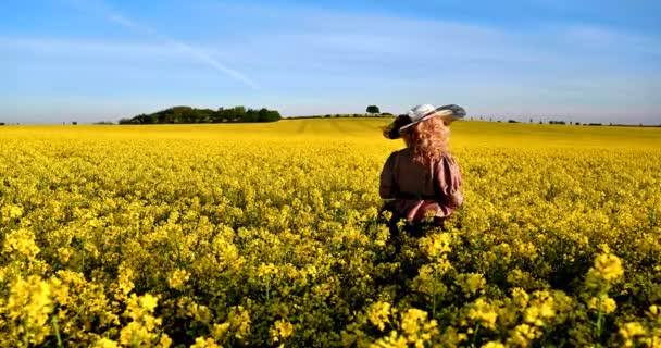 Signora Bionda Abito Storico Con Grande Cappello Con Fiori Piedi — Video Stock