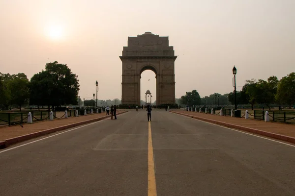 Sunrise India Gate New Delhi Morning Cycling Silhouette India Gate — 图库照片