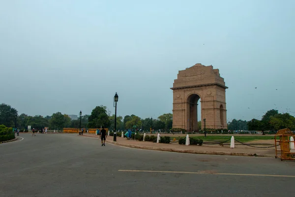 Východ Slunce Indii Gate New Delhi Morning Cycling Silueta Indie — Stock fotografie