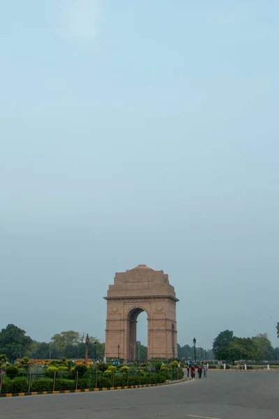 Sonnenaufgang India Gate Neu Delhi Morgenradfahren Silhouette Des India Gate — Stockfoto