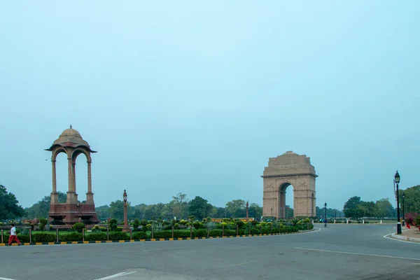 Sonnenaufgang India Gate Neu Delhi Morgenradfahren Silhouette Des India Gate — Stockfoto